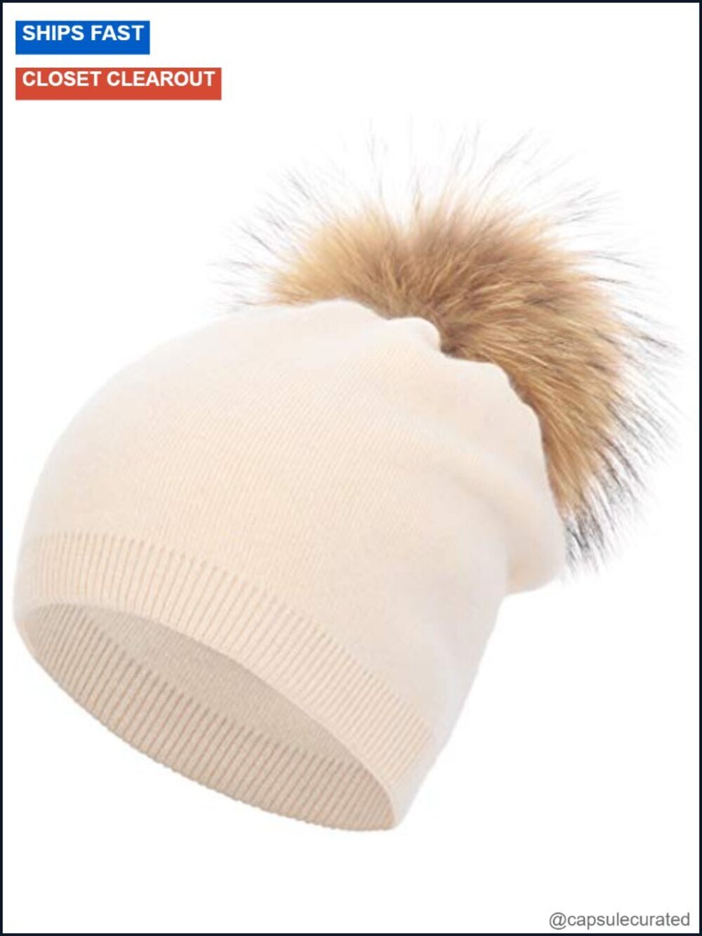 Wool Blend Cashmere Real Fur Pom Pom Slouchy Knit Beanie Hat